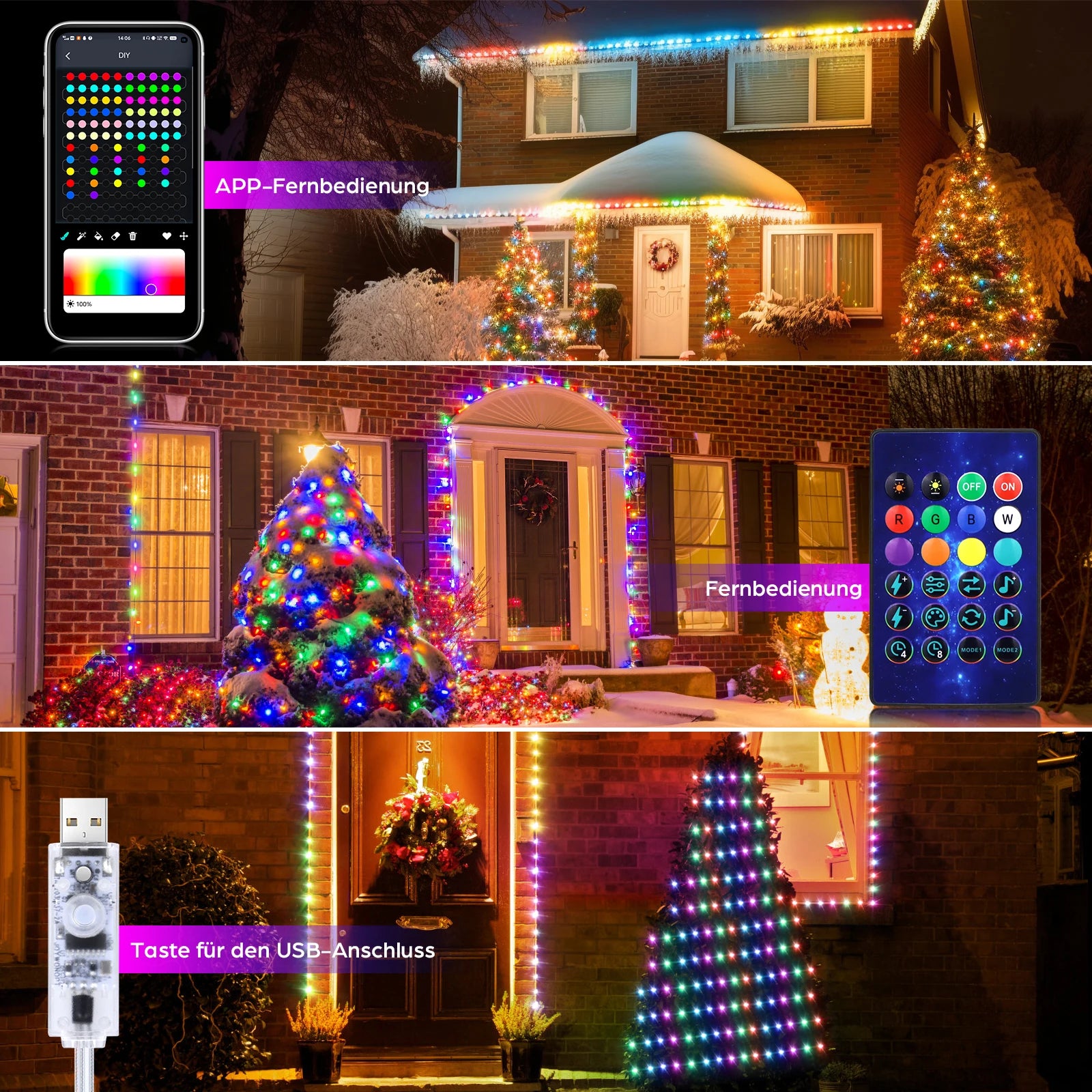 Christmas lights on outdoor tree, On outdoor house, Glowing different colours, contolled by phone-bluetooth, 3 pictures split up, middle and bottom