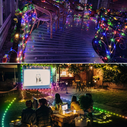 Multi coloured string lights on staircase - Top picture, Group of people watching on a screen surrounded by string lights - bottom picture.