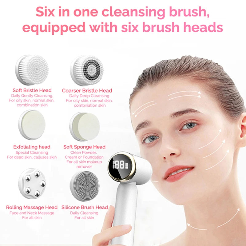 6 in 1 Ultrasonic Electric Face Cleansing Brush Compress Therapy Facial Exfoliating Pore Cleaner Blackhead Removal