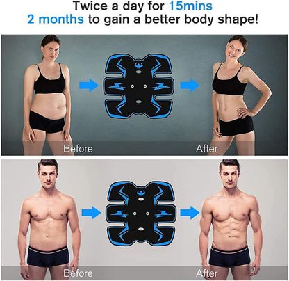 Women top before and after abb stimulator -CoreSculpt Trainer and man below before and after, CoreSulpt Trainer, Both front picture.