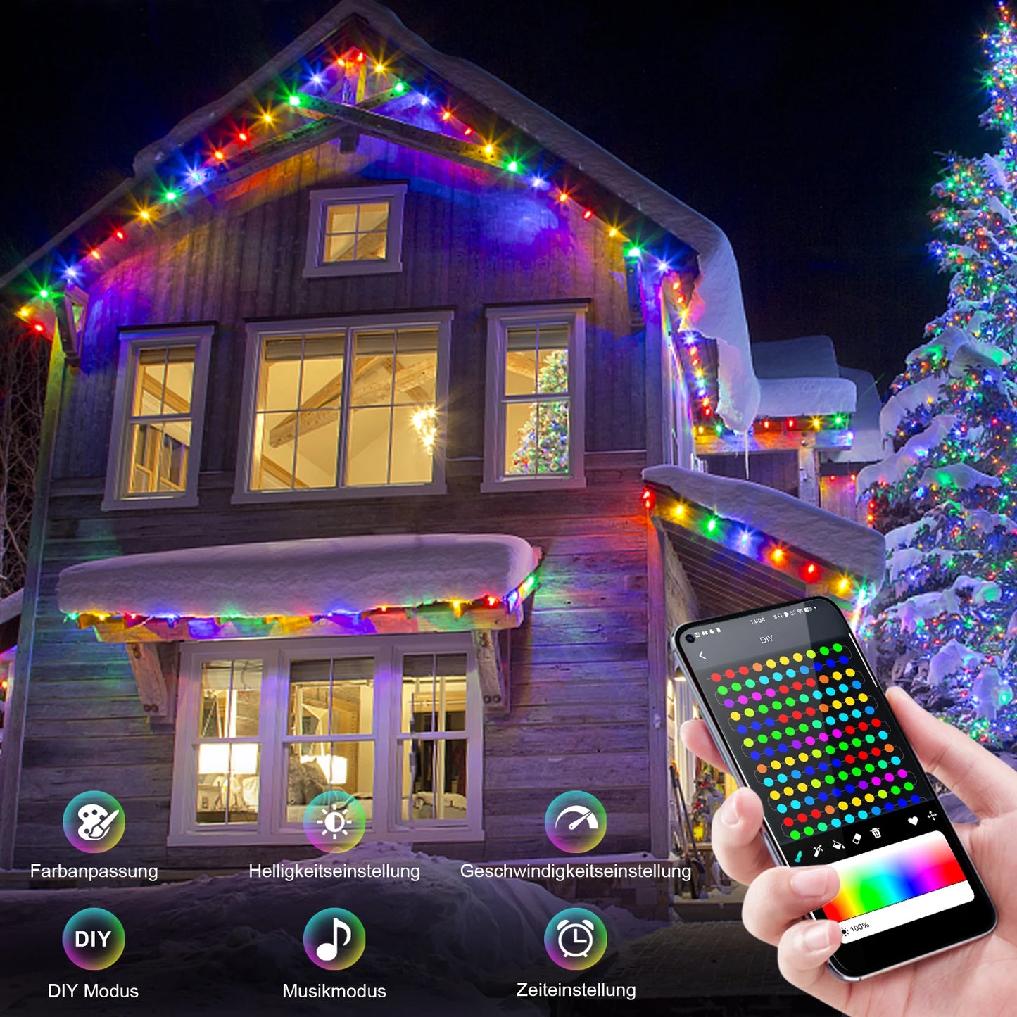 Christmas lights on outdoor snowy house, Multi colour lights, Lights on snowy tree controlled by phone , Front picture