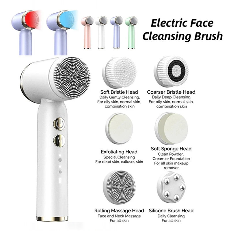 6 in 1 Ultrasonic Electric Face Cleansing Brush Compress Therapy Facial Exfoliating Pore Cleaner Blackhead Removal