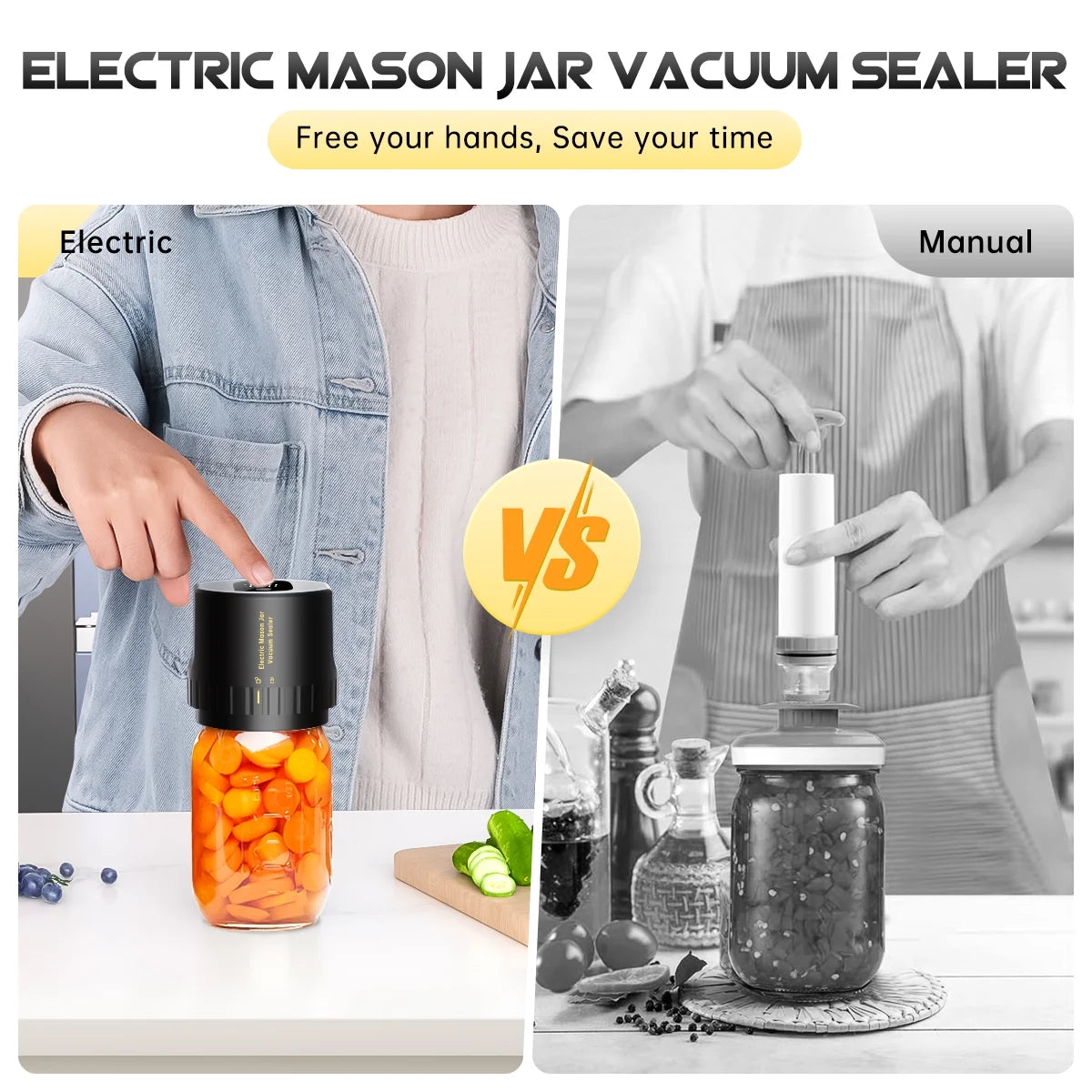 Mason Jar Vacuum Sealer, Electric Cordless Mason Jar Vacuum Sealer for Food Storage and Fermentation, Vacuum Sealer with Can Opener for Wide-Mouth & Regular-Mouth Mason Jars